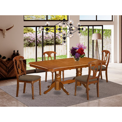 L'ensemble de mobilier de salle à manger 5 pièces comprend une table rectangulaire en bois avec rallonge papillon et 4 chaises de cuisine en tissu de lin, 40 x 78 pouces, brun selle