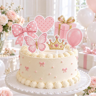 Ensemble de dessus de gâteau Bows and Pois, 6 motifs d'anniversaire rose différents, décorations en papier cartonné