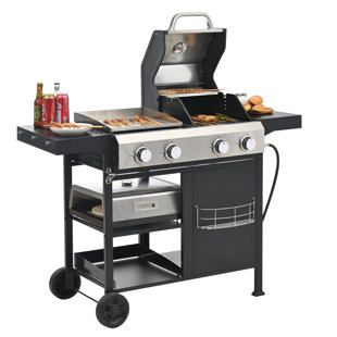 Propane Gas 2+2 Pizza Grill Outdoor Stainless Steel, 26,000 BTU Patio Garden Grill with Side Shelves, Lid, Wheels & Bottle Opener, Black Finish