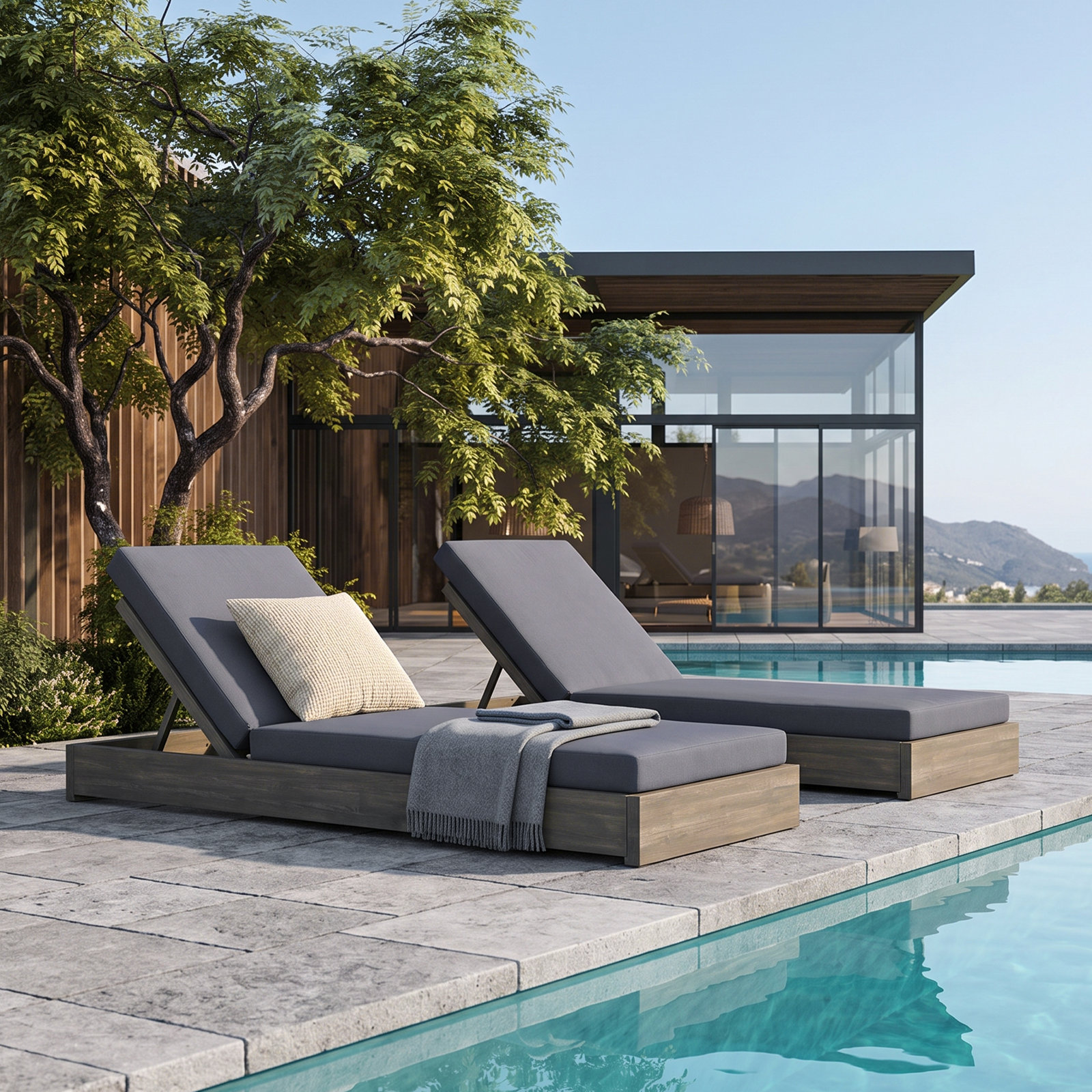 Donnie 30" Acacia Patio Chaise Lounge Set, Dark Gray Cusion/Gray Frame, Set of 2