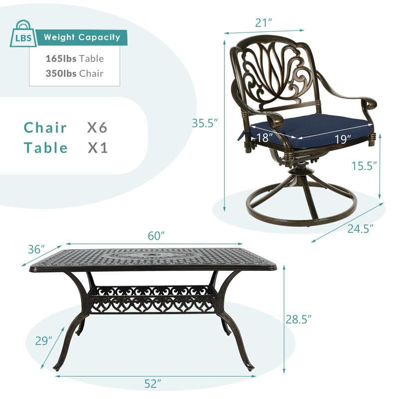 6 - Person Patio Dining Set with Rectangular Table , Cushions Included, Navy Blue