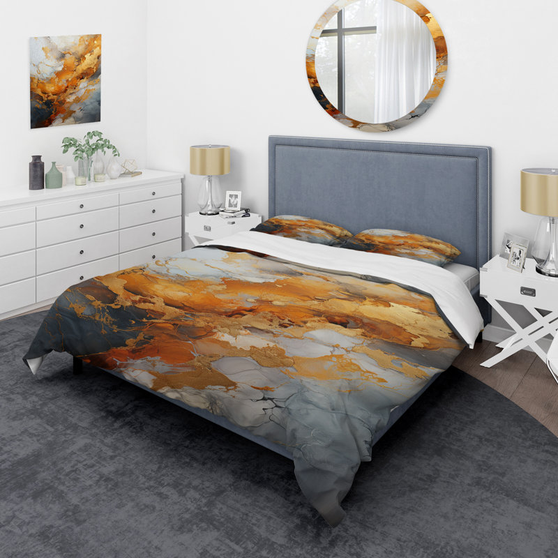 Ensemble de housse de couette Geode Lava III doré et blanc, Housse de couette pour grand lit et 2 taies décor