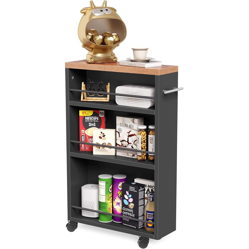 Slim Rolling Storage Cart, 3 Tier Snack Cart With Wheels For Kitchen, 6.3 Inch Wide Bathroom Organizer Shelves, Wooden Utility Cart For Laundry Room, Black