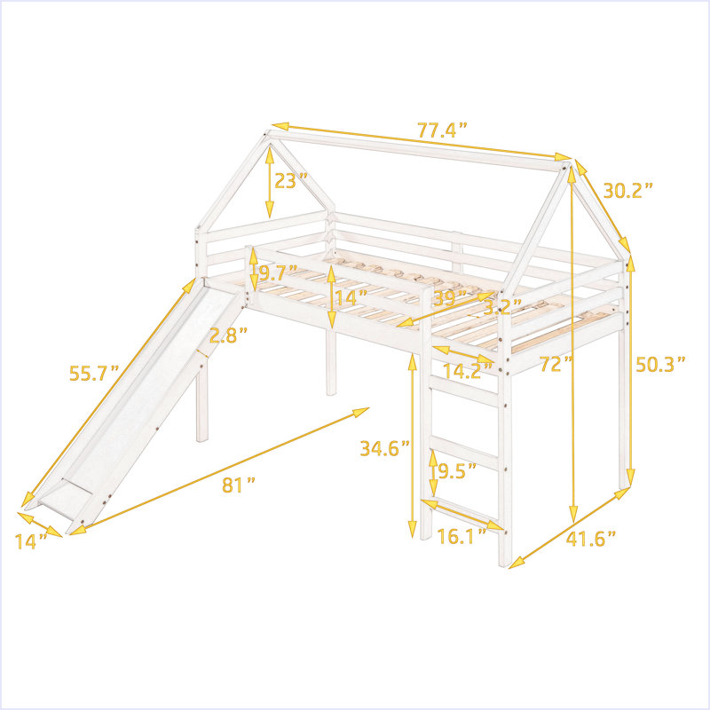 Lit mezzanine simple avec glissade, lit maison avec glissade, Gris