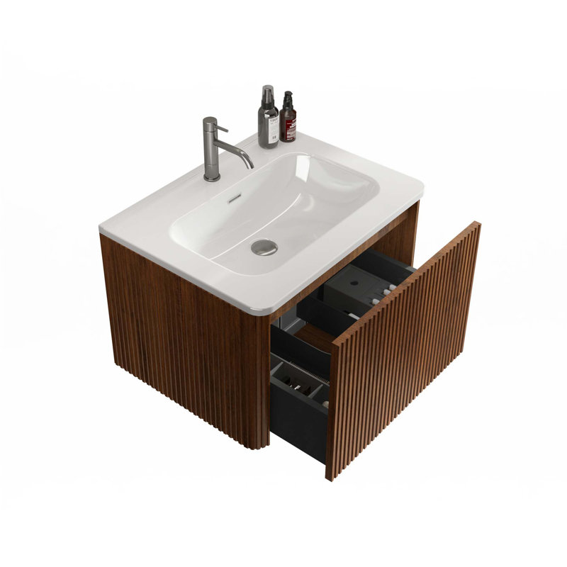 Bathroom Vanity With White Ceramic Sink, Walnut, 24"
