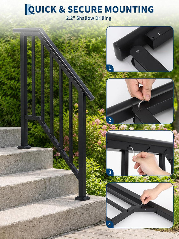 2 mains courantes réglables pour 1 ou 2 marches extérieures, rampe d'escalier en fer forgé avec balustres, noir, 500 lb