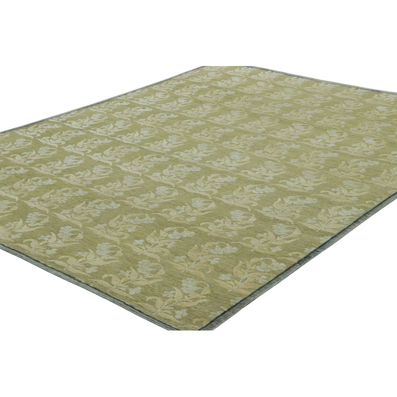 Rug & Kilim’S Block Print Custom Rug Design In Green With Cream Floral Patterns, Rectangle 12' x 18'