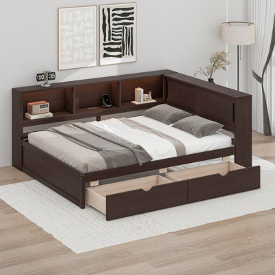 Queen Size Corner Bed With Storage Drawers, Bookcase, L Shaped Daybed With LED Lights & USB Ports, Wood Day Bed Frame With Bookcase Headboard