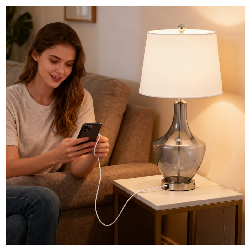 26" Modern Glass Table Lamp with USB Charging Port, 3-Way Dimmable Nightstand Light with Smoked Grey Base and Beige Fabric Shade for Bedroom, Living Room, Office