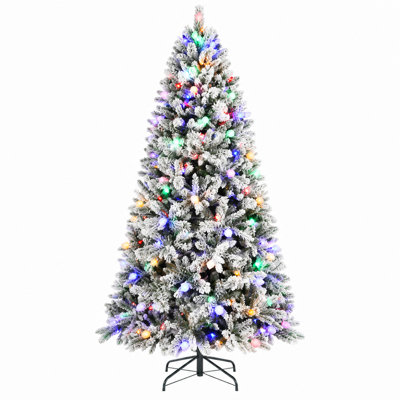 Prelit Flocked Christmas Tree, Twinkle Snow Flocked Xmas Tree with Mutilcolor LED Lights, Branch Tips, Pine Needles, Pine Cones and Christmas Ball Ide