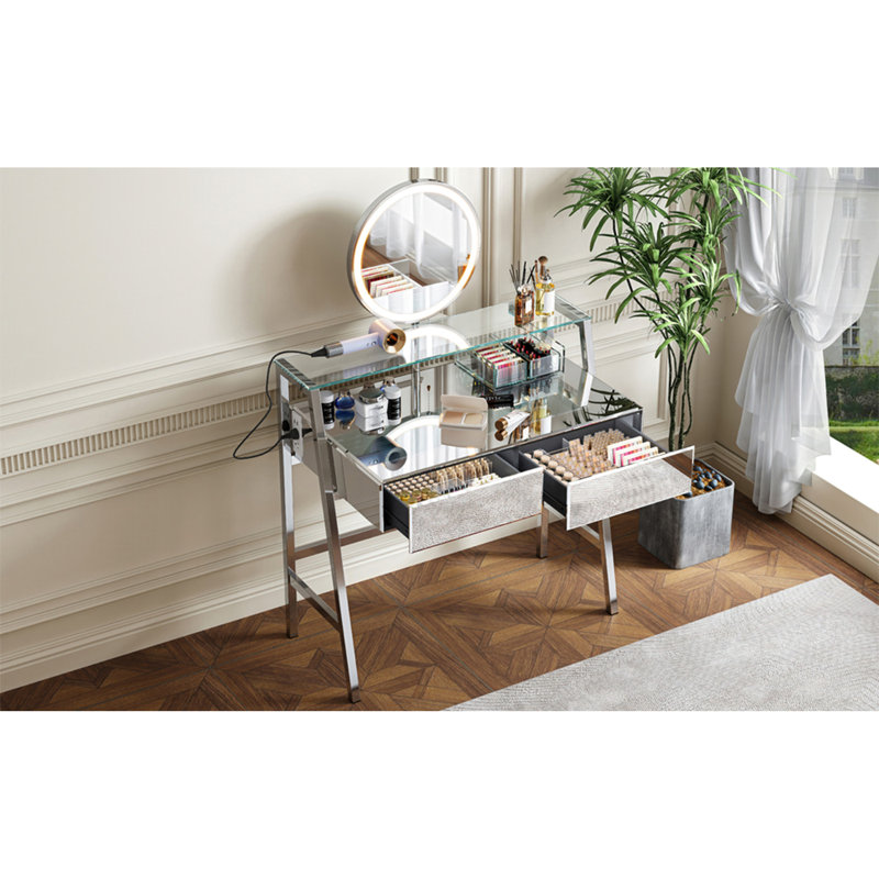 Meuble-lavabo à miroir 33,9 po avec miroir et lumières, coiffeuse à miroir avec 2 grands tiroirs et tablette ouverte, coiffeuse avec station de charge pour la chambre à coucher, argent