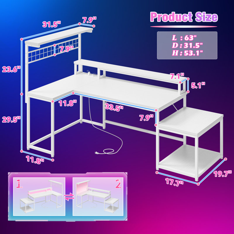 L Shaped Reversible Computer Desk With Power Outlet & Long Monitor Stand & Led Lights & Storage Shelves, White