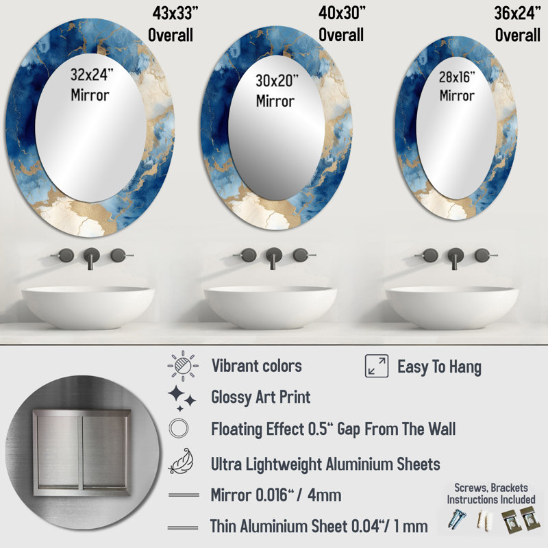 Blue And Gold Marble Clouds X - Blue Modern Oval Wall Mirror, 43" x 33"