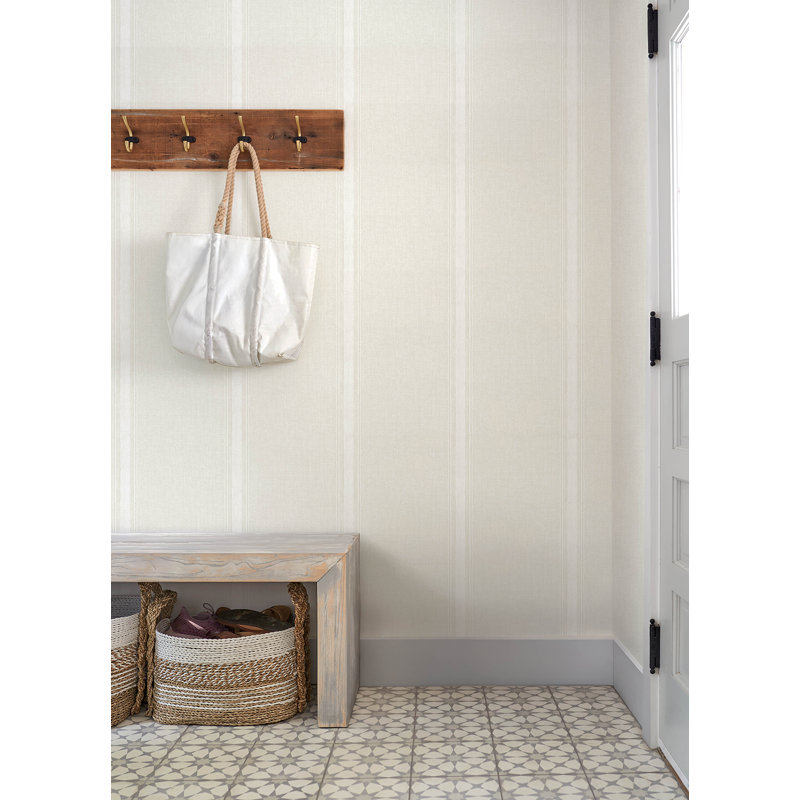 Papier peint rayé en tissu crème Linette, White