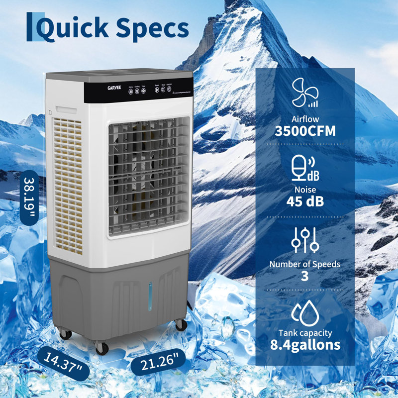 Refroidisseur d'air 3000 CFM avec réservoir d'eau de 8,4 gallons, 4 blocs de glace, 3 vitesses, oscillation de 120 °, télécommande et minuterie 12H, ventilateur de plancher portatif 80W pour les ateliers, le garage