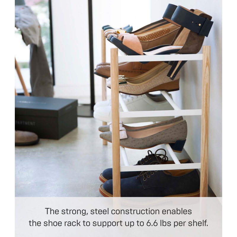 White Expandable 3-Tier Shoe Rack with Wood Accents