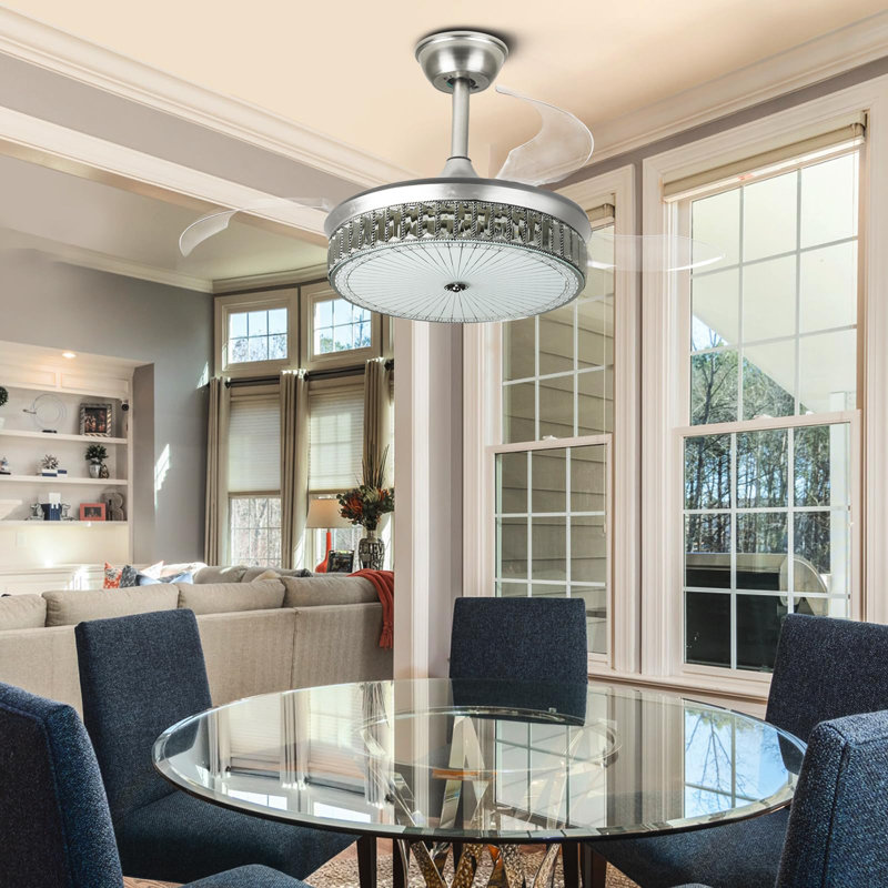 42" Retractable Crystal Ceiling Fan with Light and Remote, Silver with Transparent Blades
