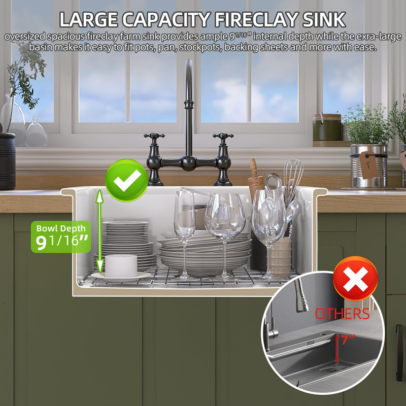 Fireclay 24 in. Small Farm Sink Undermount/Drop in Kitchen  Sink Single Bowl Prep Wet RV Sink with Accessories