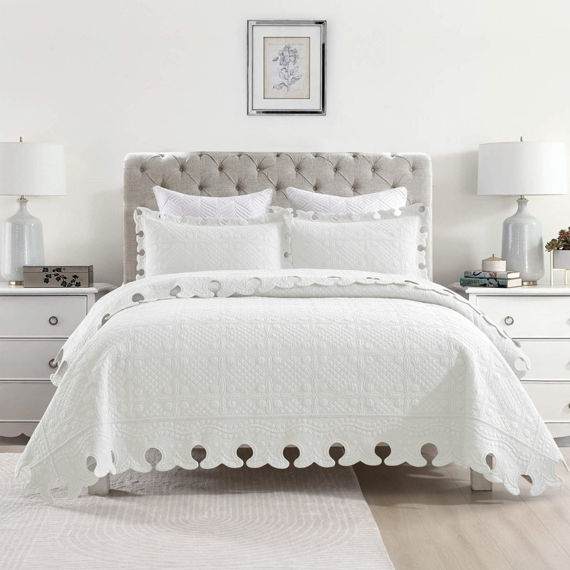 Twquilt Cotton Twill Coverlet, White, Queen Coverlet + 2 Queen Shams