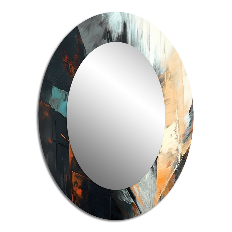 Orange And Blue Abstract Mixed Colors II - Abstract Oval Decorative Mirror On Metal, 40" x 30"