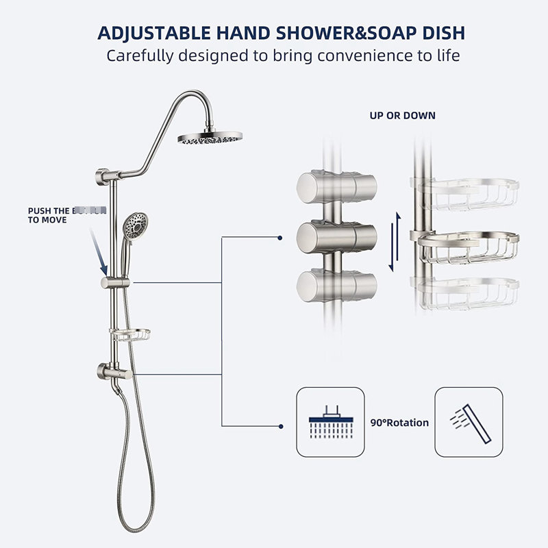 Douche avec pomme de douche à effet pluie et porte-savon à main en acier inoxydable à finition nickel brossé