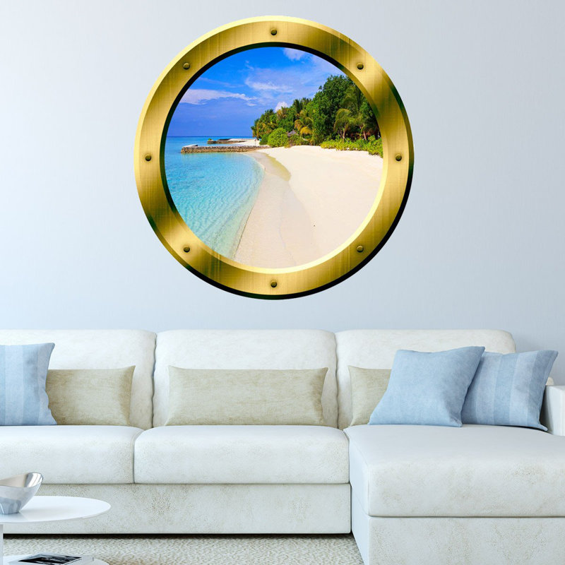 Adhésif décoratif plage tropicale hublot 3D, H 20 po x l 20 po x P 0,01 po, Bleu / Jaune