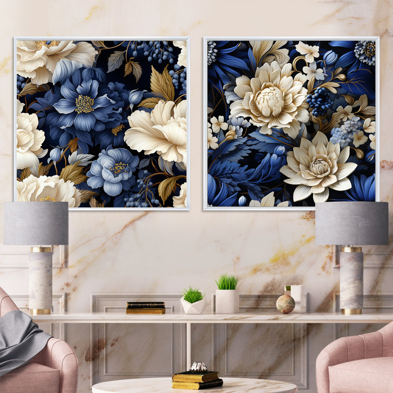 Victorian Cobalt Foliage Victorian, Cadre flottant blanc, H 30 po x l 61 po