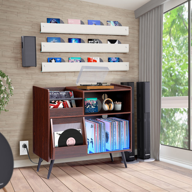 Large Dark Brown Wood Record Player Stand with LED Light and Power Outlet