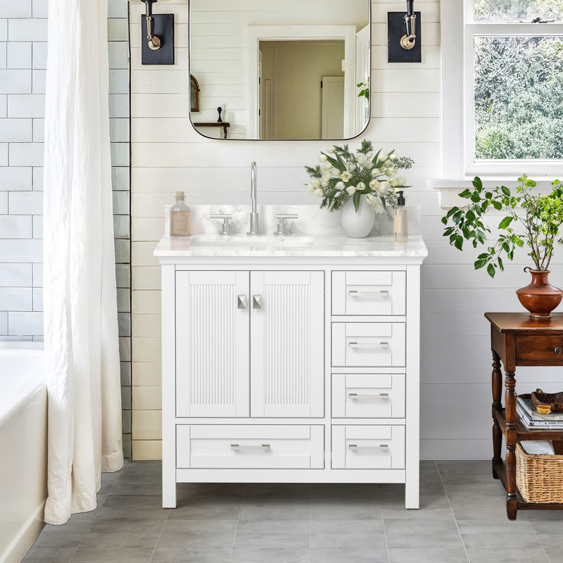 Meuble-lavabo simple 36 po avec comptoir en marbre de Carrare et dosseret entièrement assemblé, Blanc / nickel brossé, 36"