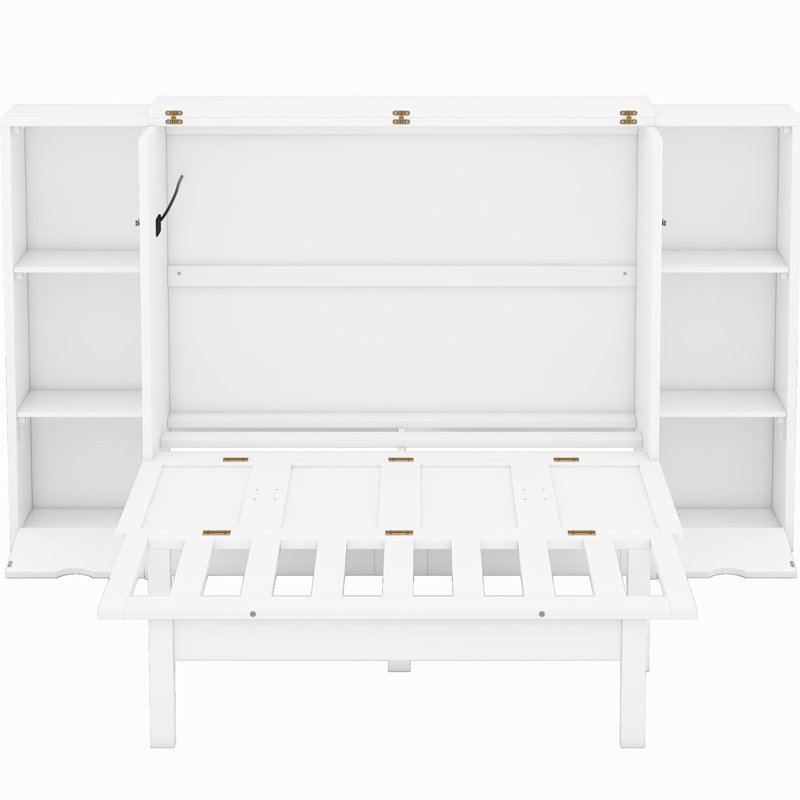 Lit escamotable avec tablettes, tiroirs et ports USB, Blanc, Grand