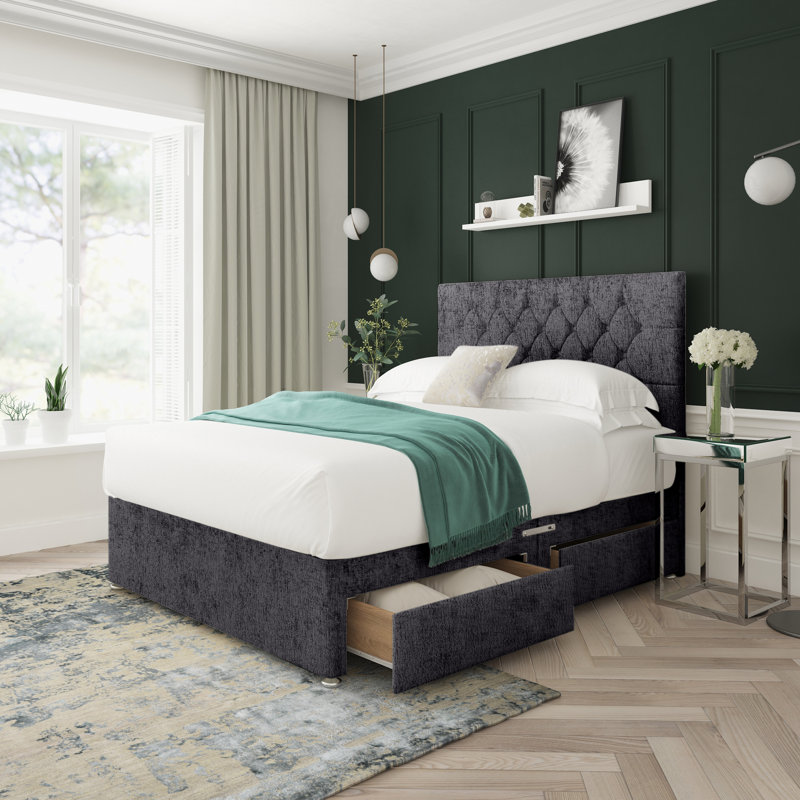 Upholstered Divan Bed with Mattress, Black, Double (4'6)