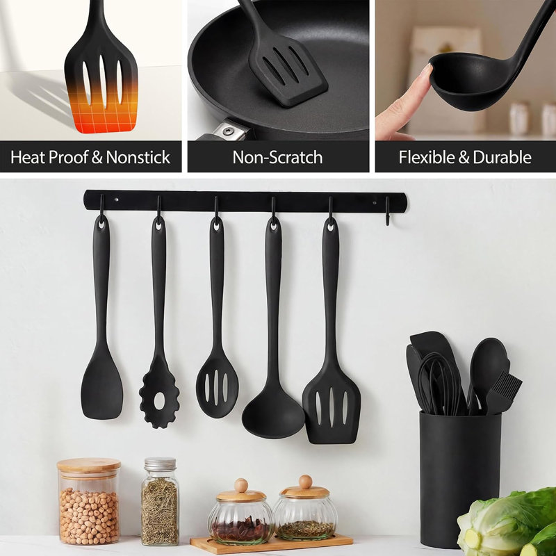Ensemble de 14 ustensiles de cuisine en silicone, noir.