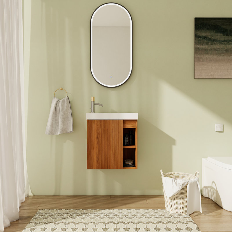 Meuble-lavabo simple mural 20 po avec comptoir en résine, Noyer Trump, Blanc