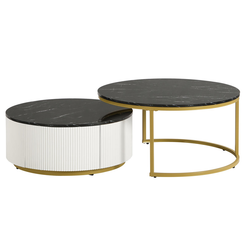 Table basse gigogne moderne moderne cannelée avec tiroir de 31,5 po, Noir, H 15,7 po x L 31,5 po x l 31,5 po