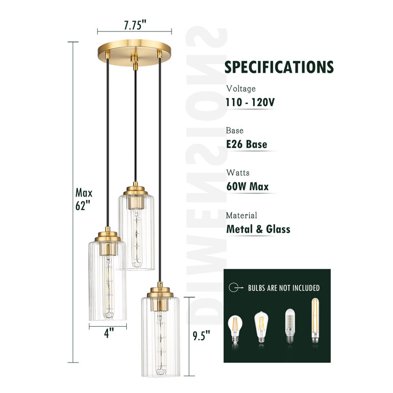 9" Dimmable Pendant Light, Gold, 3 Lights