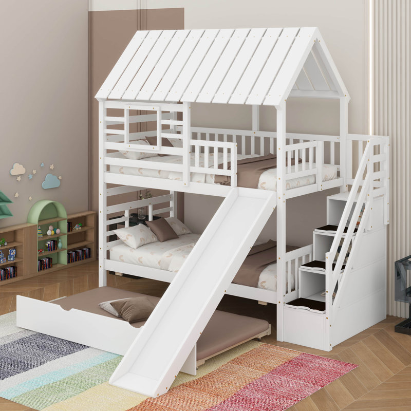 Twin Over Twin House Bunk Bed With Slide, Trundle And Storage Staircase, Roof And Window Design, White