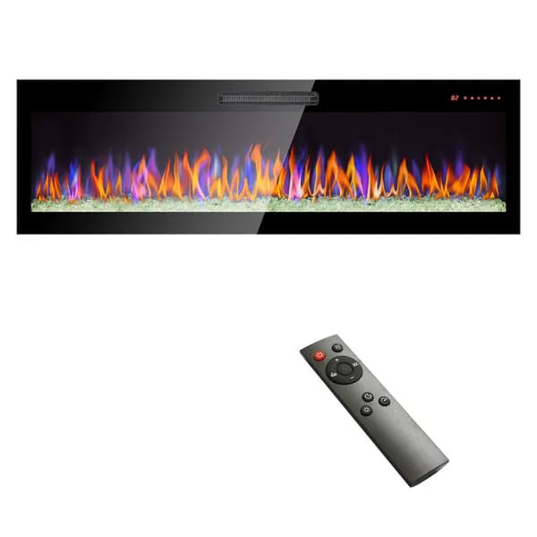 Foyer électrique mural encastré en verre trempé ultra-mince de 60 pouces avec télécommande et flamme multicolore