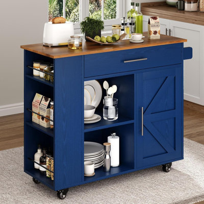 Kitchen Island Cart with Storage, Island Table for Kitchen with Spice Rack & Towel Rack, Cabinet & Drawer, Rolling Microwave Cart with Open Shelves by August Grove