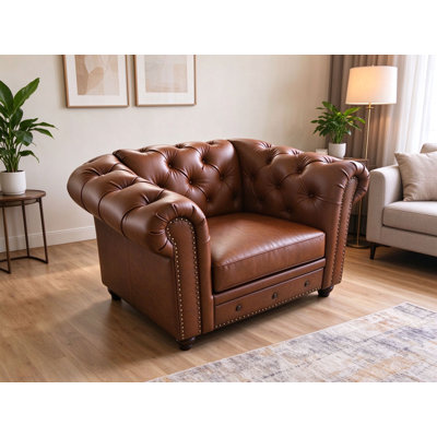 Fauteuil d'appoint classique en similicuir Chesterfield, dossier capitonné, accoudoirs roulés, garniture cloutée, fauteuil club simple pour salon, chambre à coucher, bureau