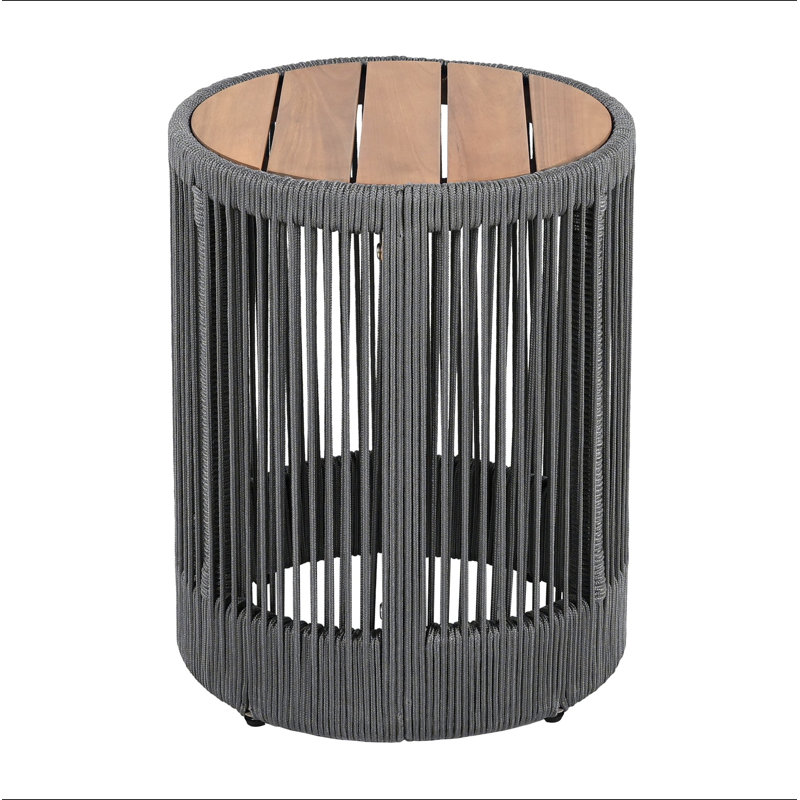 Outdoor Rattan Rope & Acacia Wood Side Table - Patio Balcony Furniture For Garden, Yard, Balcony - Weather Resistant, Gray