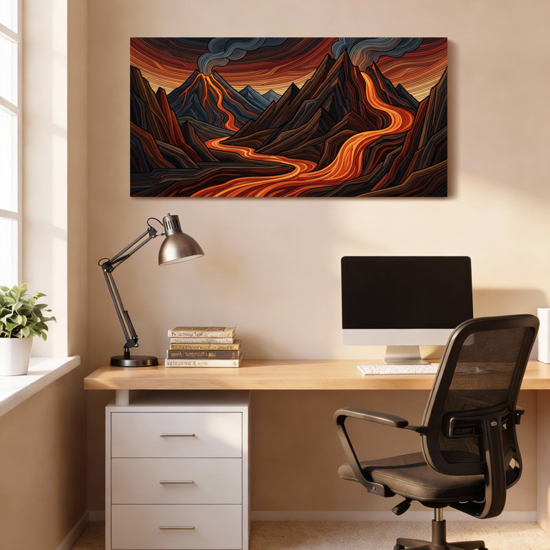 Ensemble de 1 tableau sur toile représentant un paysage volcanique avec coulée de lave, H 24 po x l 48 po