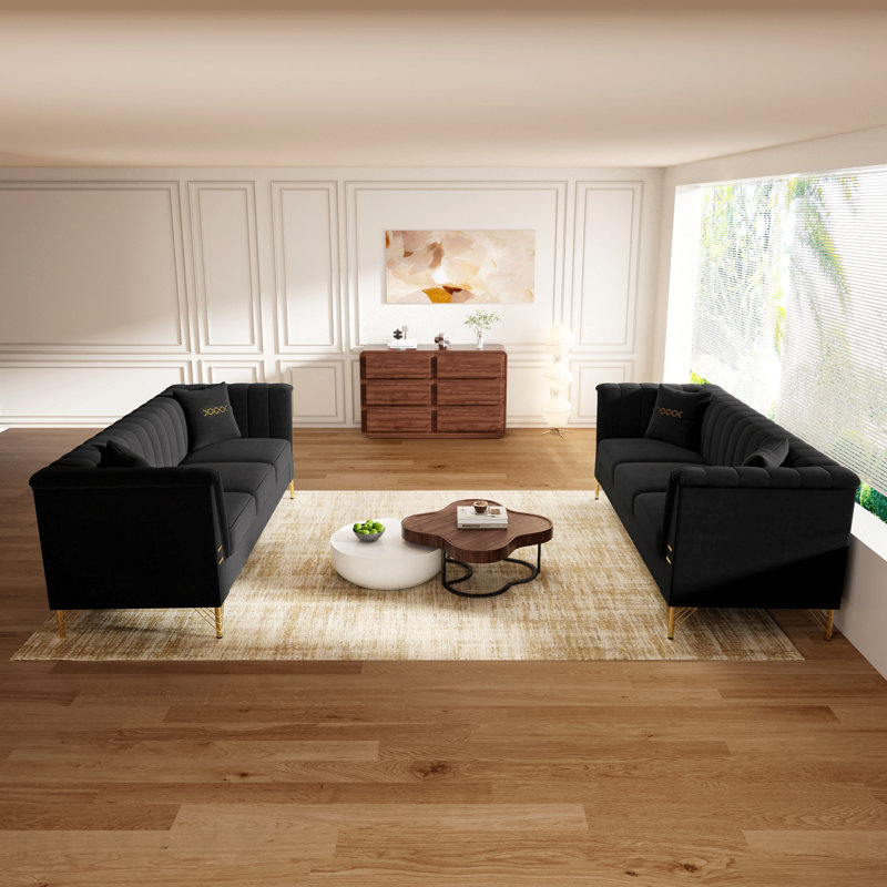 2Pc Sofa -Bk3 Black Velvet Sofa Set Of 2, Two Modern 3-Seater Sofas With Plush Cushions & Gold-Tone Metal Legs Stylish Living Room Couch Set For