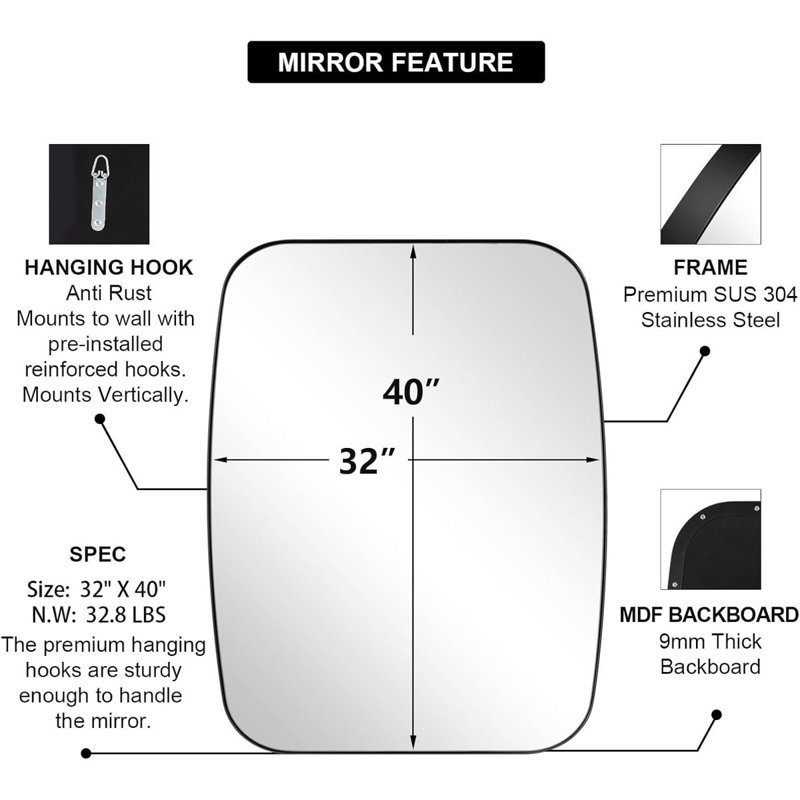Miroir de salle de bain ovale moderne | Cadre en acier inoxydable, Noir mat, 40 po x 32 po
