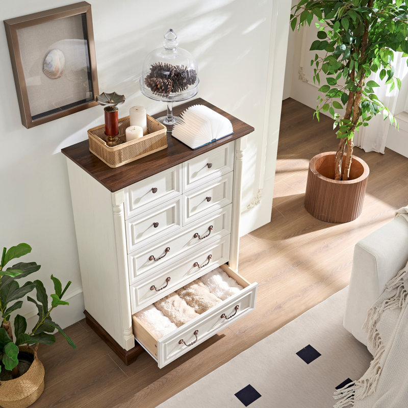 Commode à tiroirs pour chambre à coucher avec base en bois et bordure montante, commode rustique en bois, commode de rangement