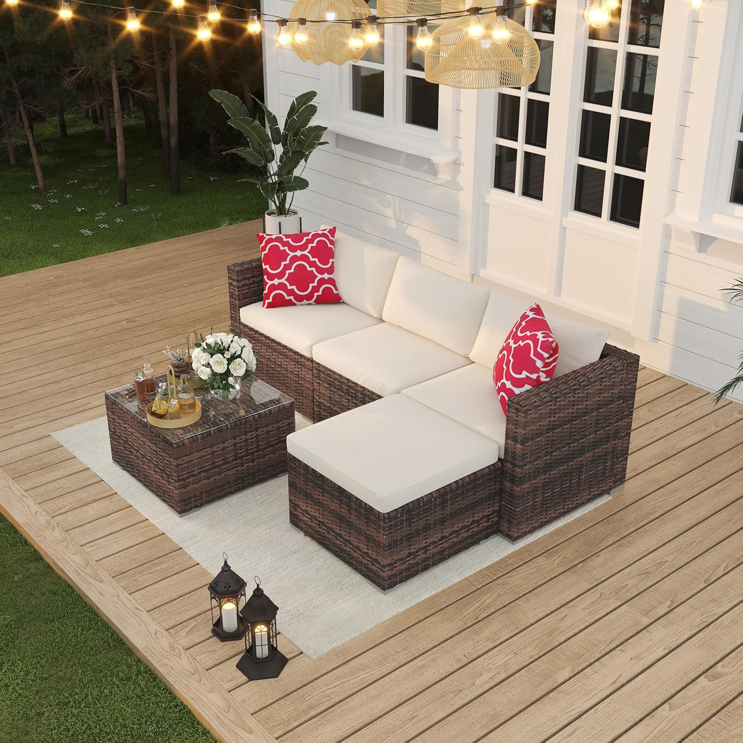 5 Piece Outdoor Rattan Patio Sofa Set with Storage Table and Footstool for Garden - Brown, Beige