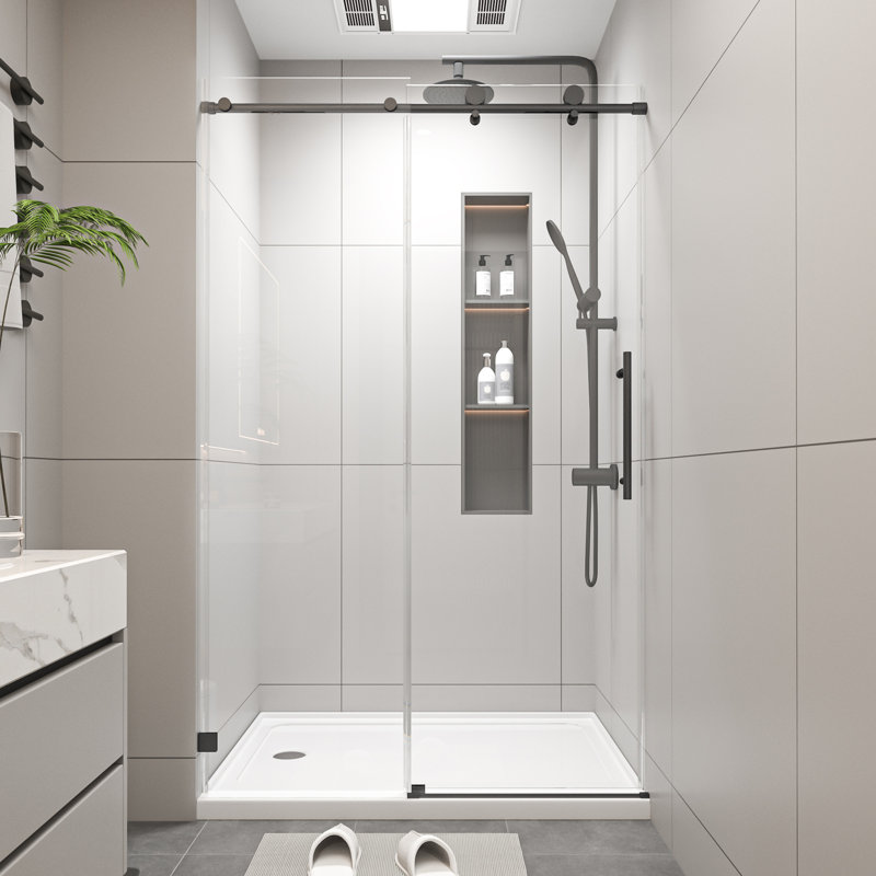 Portes de douche coulissantes simples sans cadre à fermeture en douceur de l 44 à 48 po x H 76 po, verre trempé de 5 po à 16 po d'épaisseur, quincaillerie en acier inoxydable