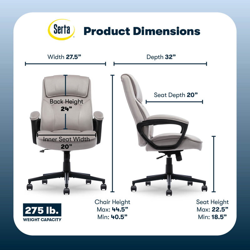 Serta Comfort Classic Office Chair, Ergonomic Lumbar Support, Semi-Plush Cushion and Body Pillows, Taupe