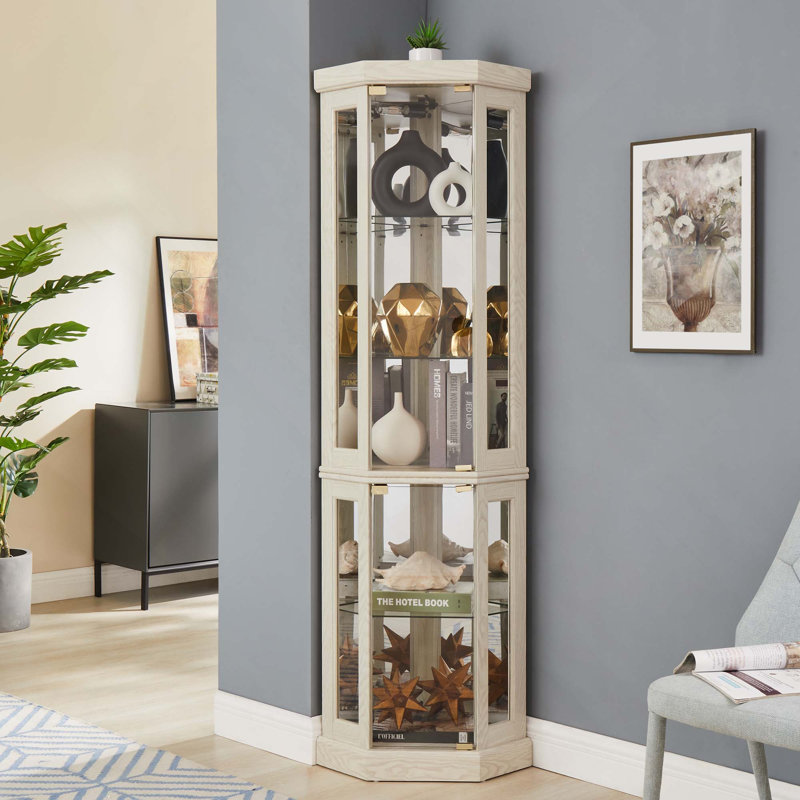 Antique Collection Corner Glass Display Lighted Curio Cabinet For Living Room, Antique White