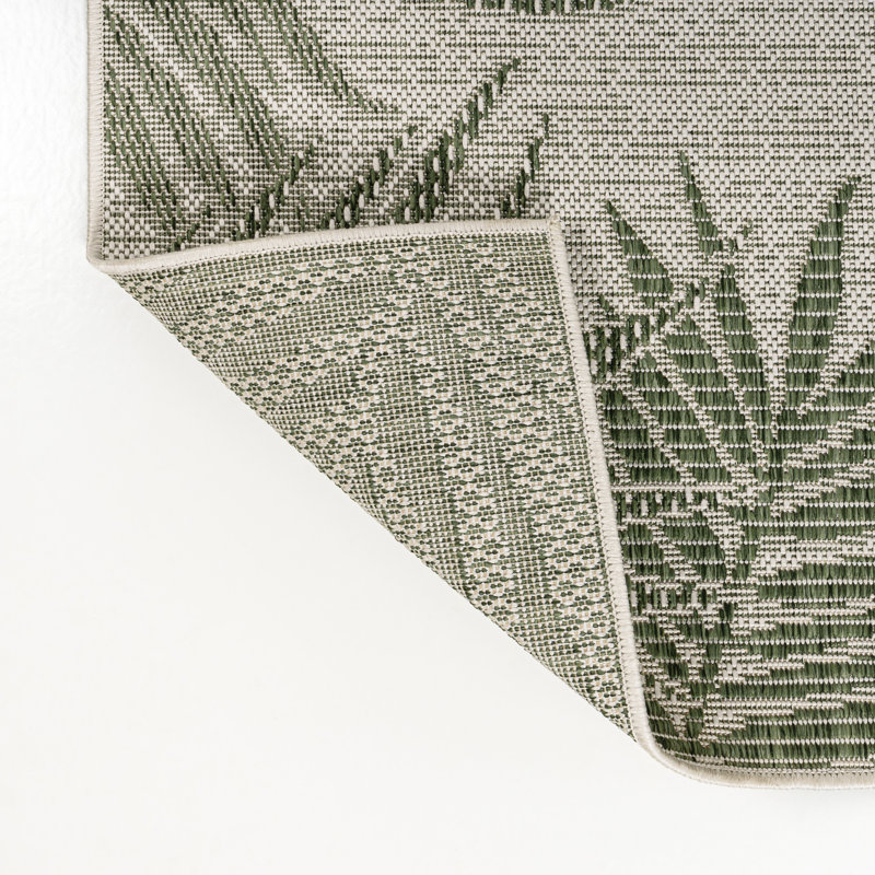 Caherty Coastal Cottage Palm Frond Border Green/Cream Indoor/Outdoor Rug, Rectangle 5'3" x 7'7"
