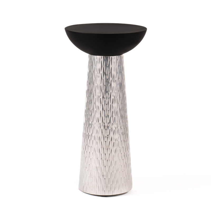 Tall Modern Accent Hourglass Design Drink Table with Hammered Metal Base and  Wooden Bowl Top, Silver